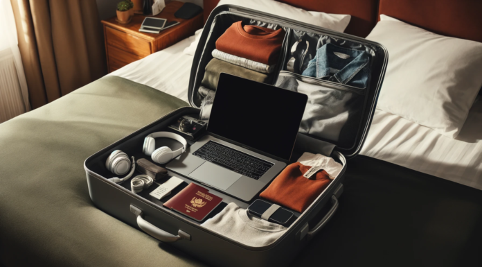 Best Travel Laptops For Video Editing A suitcase with a laptop inside ready for travel and video editing