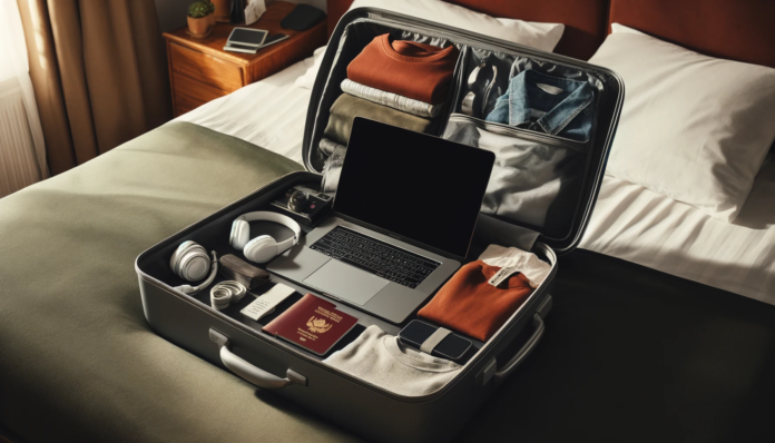 A suitcase with a laptop inside ready for travel and video editing