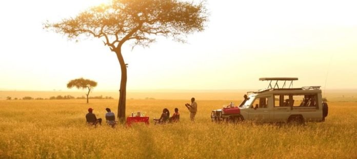 tourists on a masai mara game drive